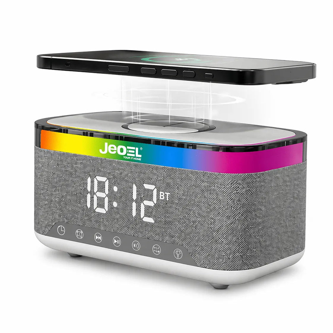 JEDEL 4-In-1 Speaker, Wireless Charger, Alarm Clock, Display Time and RGB Ambient Light