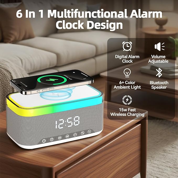 JEDEL 4-In-1 Speaker, Wireless Charger, Alarm Clock, Display Time and RGB Ambient Light