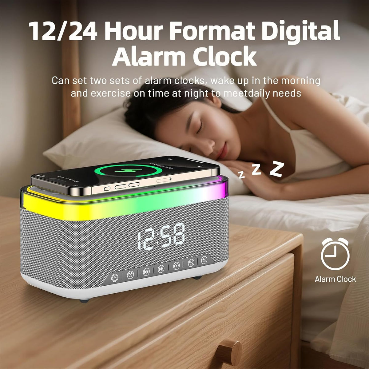 JEDEL 4-In-1 Speaker, Wireless Charger, Alarm Clock, Display Time and RGB Ambient Light